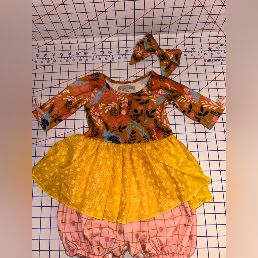Girls Floral Rust and Mustard Skirted Ronper + Matching Headband